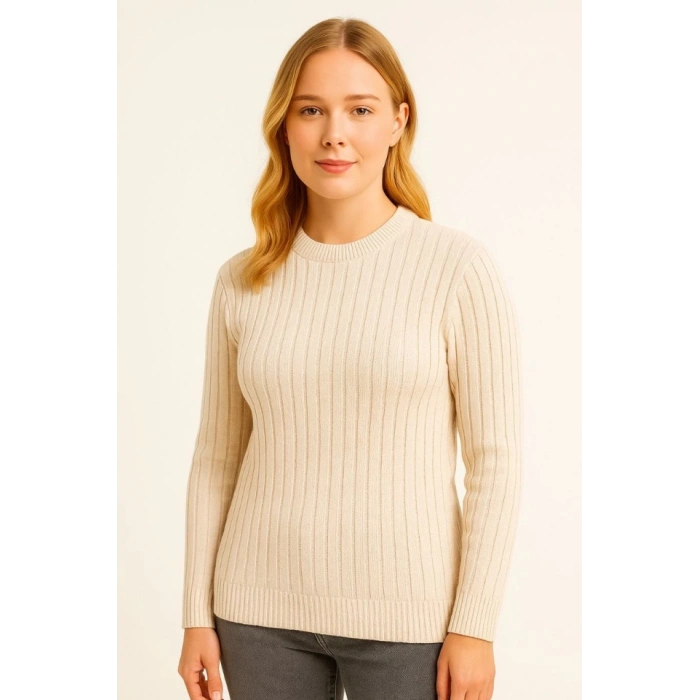 Bisiklet Yuvarlak Yaka Triko Kazak Pamuklu Kalın Fitilli Dokuma, Regular Fit Uzun Kollu Kışlık Model - Bej