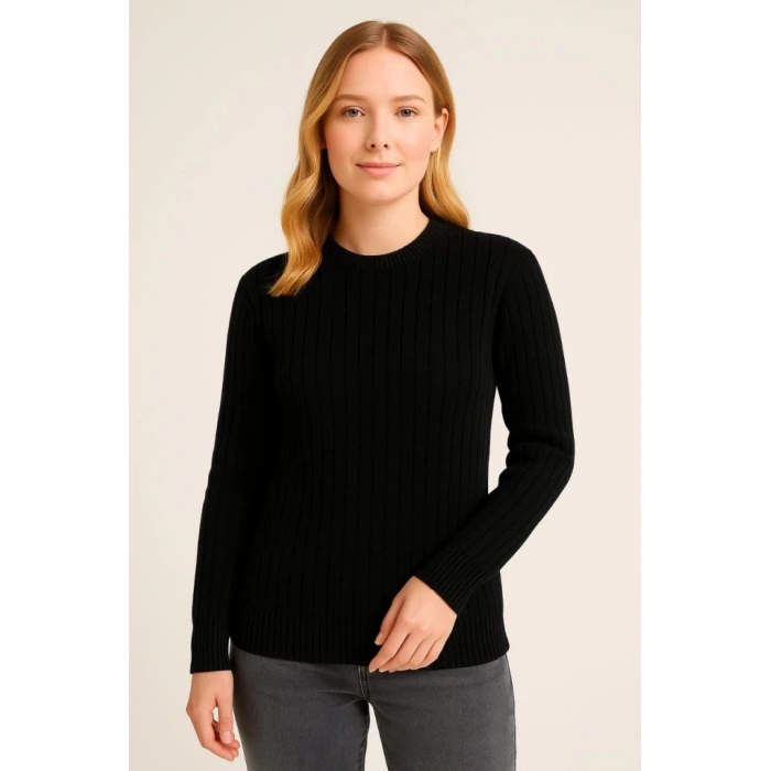 Bisiklet Yuvarlak Yaka Triko Kazak Pamuklu Kalın Fitilli Dokuma, Regular Fit Uzun Kollu Kışlık Model - Siyah