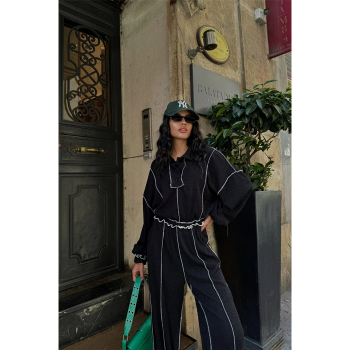 BİYELİ BLUZ PANTOLON TAKIM ŞÖNİL KUMAŞ - Siyah