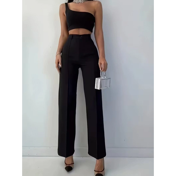 Bordo Renk Yüksek Bel Maskülen Kesim Kumaş Pantolon