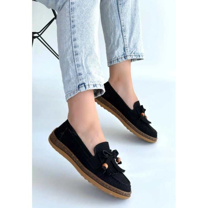 Boriy Siyah Deri Tozu Süet Babet Ayakkabı