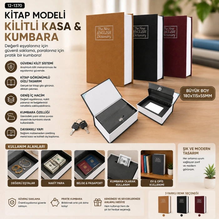 BÜYÜK=180X115X55MM KİTAP MODELİ KİLİTLİ KASA - KUMBARA RENKLİ (4940)