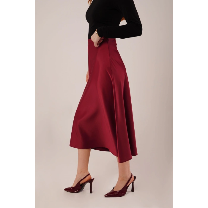 Çan Kesim Midi Bordo Saten Etek