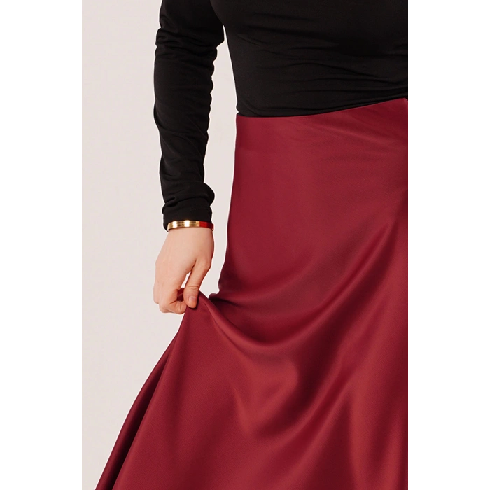 Çan Kesim Midi Bordo Saten Etek