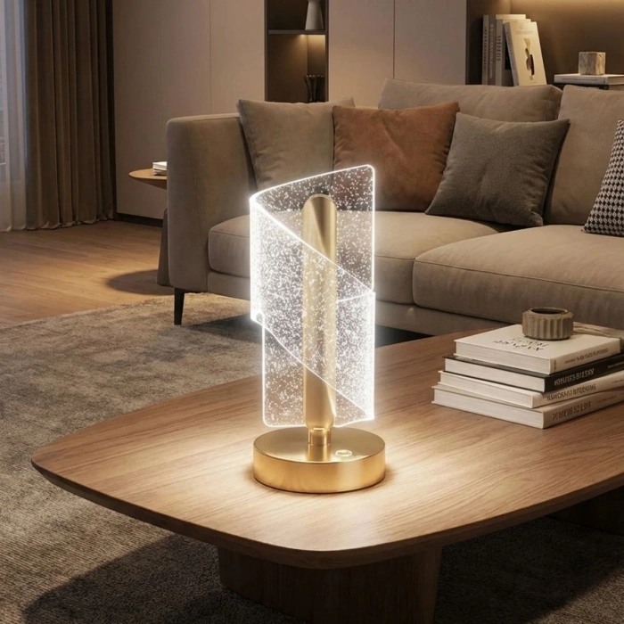 Çapraz Kavisli Kristal Simli LED Masa Lambası – Gold Gövdeli, Dokunmatik, 3 Kademe Işık Ayarlı Şarjlı Dekoratif Lamba (4940)