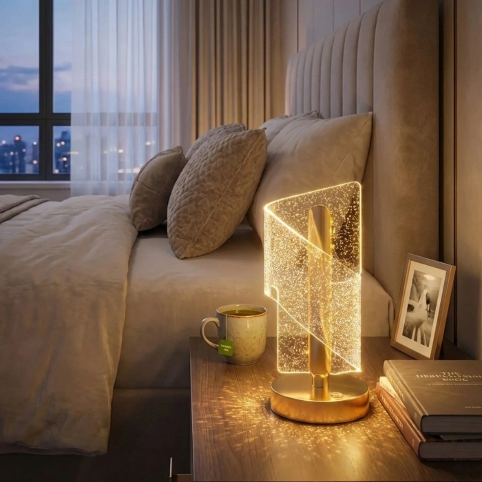 Çapraz Kavisli Kristal Simli LED Masa Lambası – Gold Gövdeli, Dokunmatik, 3 Kademe Işık Ayarlı Şarjlı Dekoratif Lamba (4940)