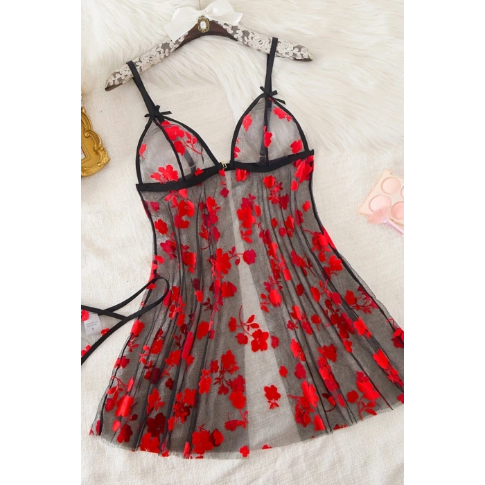 Çiçek Desenli Siyah Transparan Gecelik TM1319