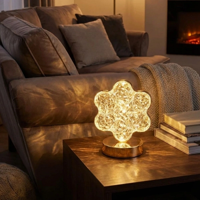 Çiçek Model Kristal LED Masa Lambası – Dokunmatik, 3 Renk Işık Modlu, Şarjlı Mini Dekoratif Gece Lambası (4940)