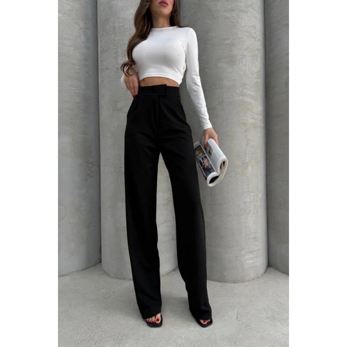 Cırtlı pantolon krep siyah pt