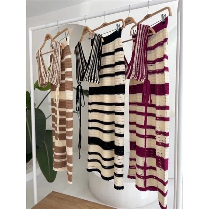 Çizgili Bikini Üst Ve Etek Triko Takım 10110