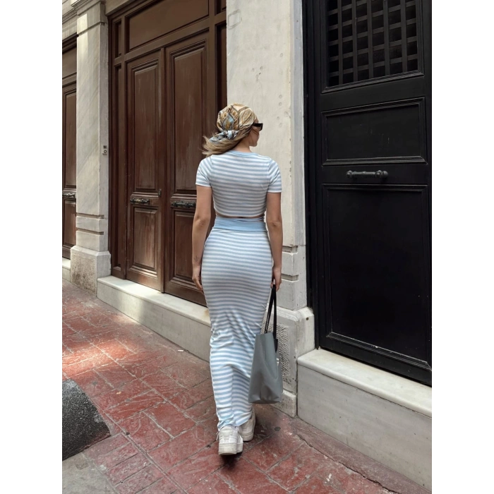 Çizgili etekli takım mavi s3609