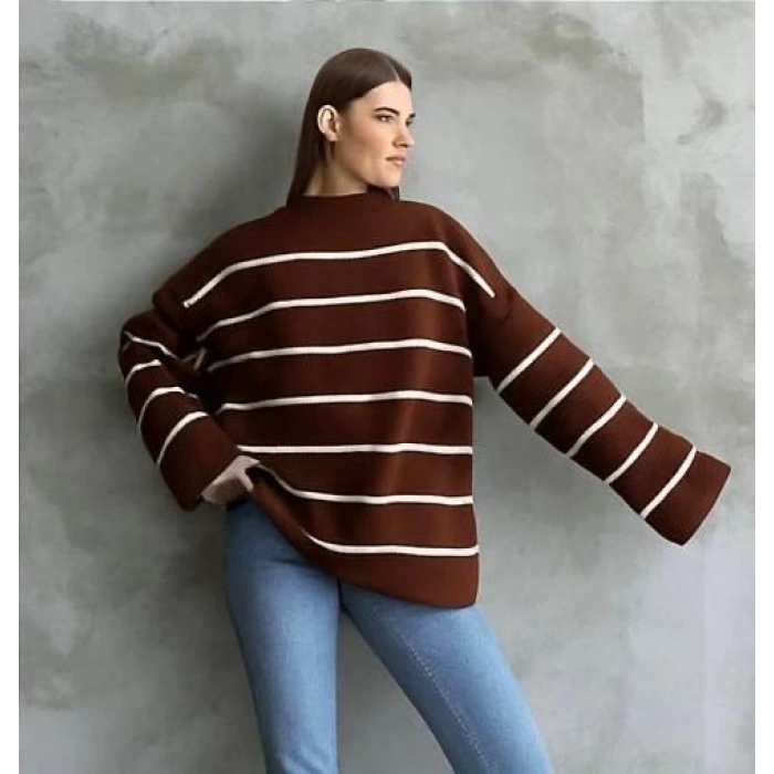 Çizgili ispanyol kol triko boğazlı kahve beyaz elf