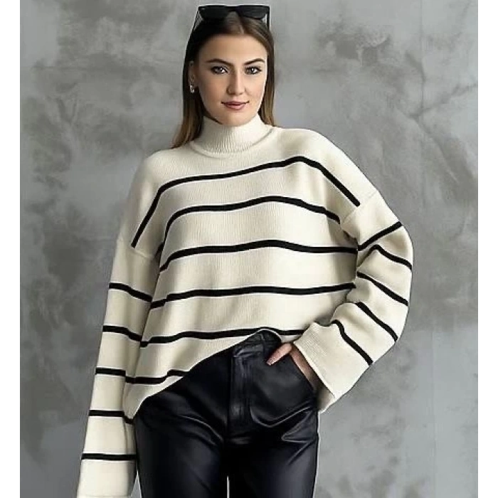 Çizgili ispanyol kol triko boğazlı kazak beyaz elf