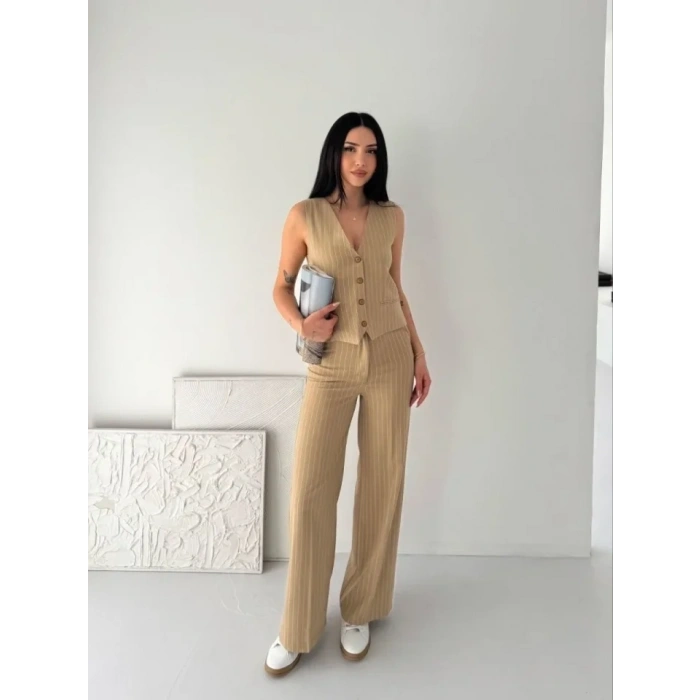 Çizgili Tansel Kumaş Yelek Pantolon İkili Takım Ofis Şık Modern - Bej