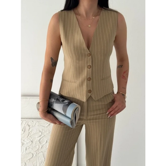 Çizgili Tansel Kumaş Yelek Pantolon İkili Takım Ofis Şık Modern - Bej
