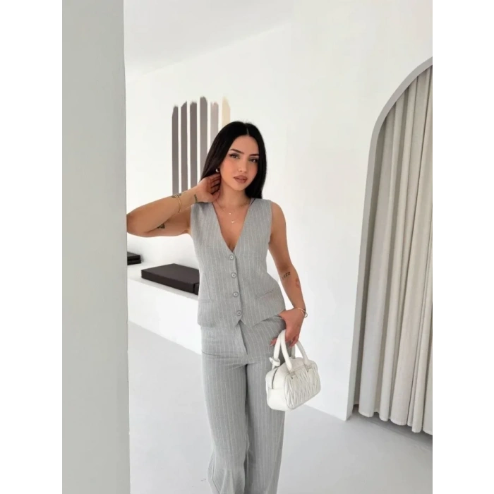 Çizgili Tansel Kumaş Yelek Pantolon İkili Takım Ofis Şık Modern - Gri