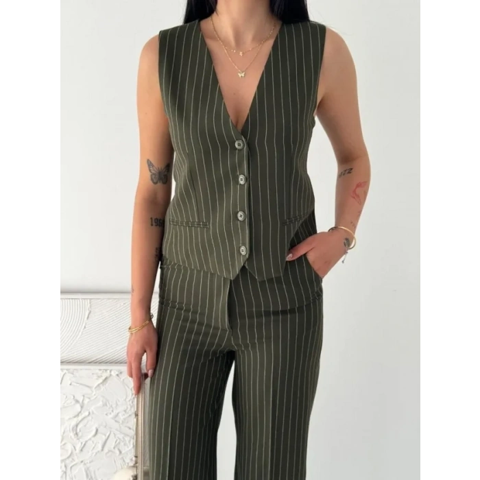 Çizgili Tansel Kumaş Yelek Pantolon İkili Takım Ofis Şık Modern - Haki