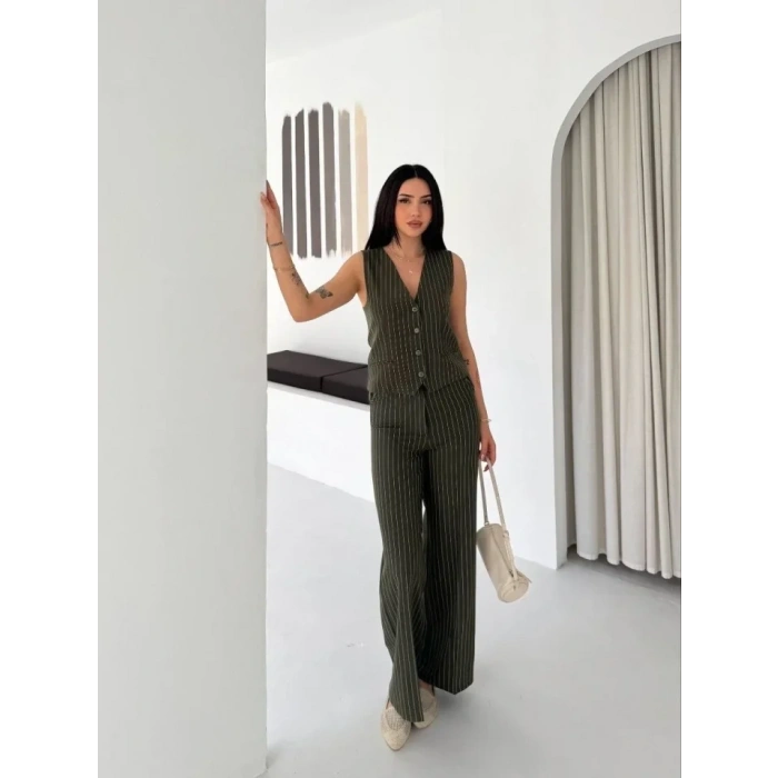Çizgili Tansel Kumaş Yelek Pantolon İkili Takım Ofis Şık Modern - Haki