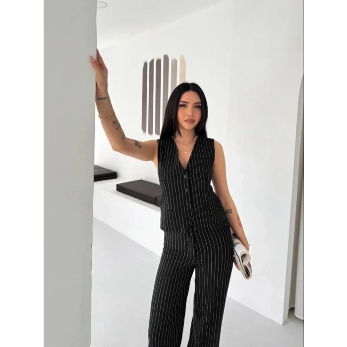 Çizgili Tansel Kumaş Yelek Pantolon İkili Takım Ofis Şık Modern - Siyah
