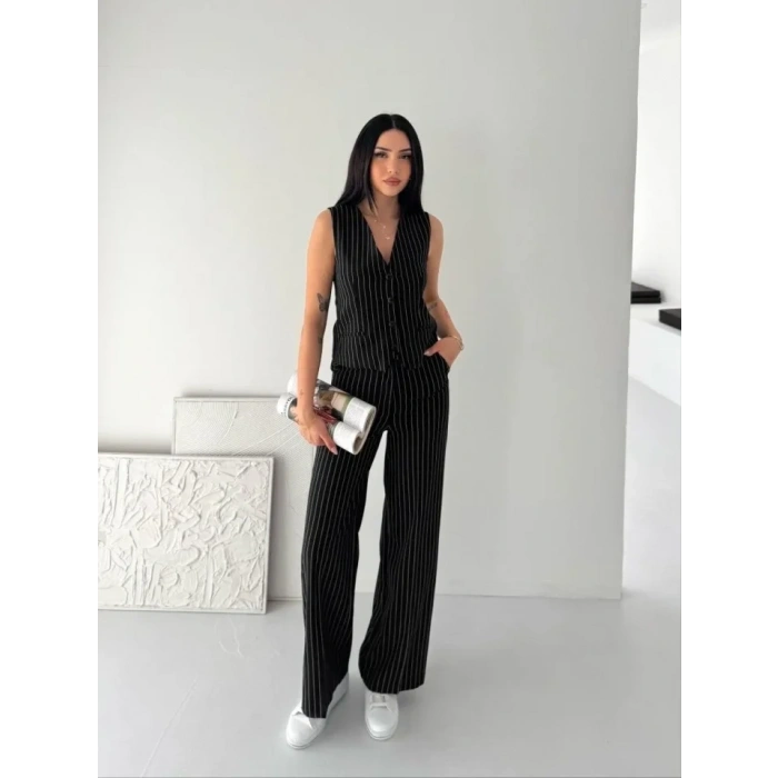 Çizgili Tansel Kumaş Yelek Pantolon İkili Takım Ofis Şık Modern - Siyah