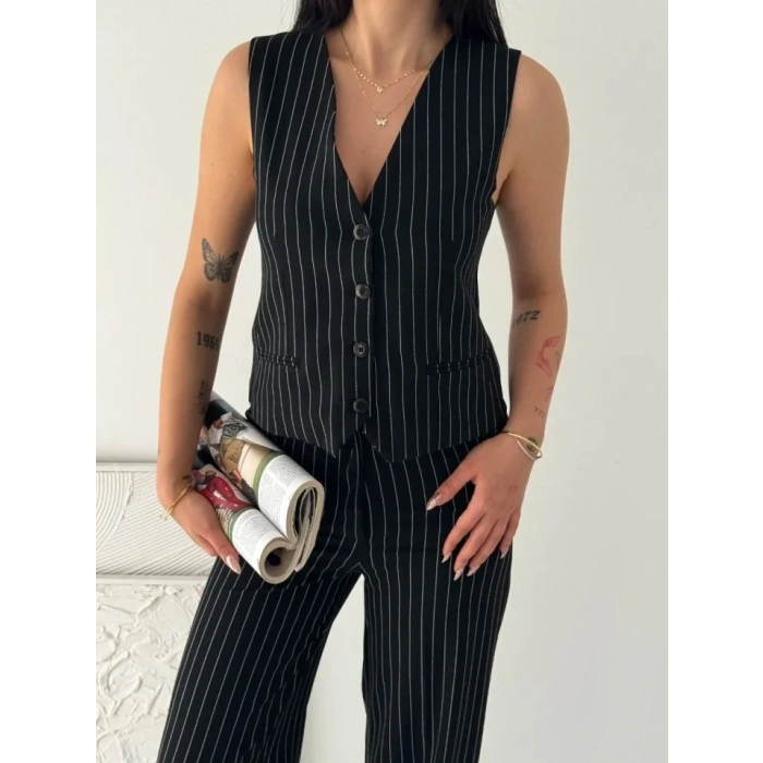 Çizgili Tansel Kumaş Yelek Pantolon İkili Takım Ofis Şık Modern - Siyah