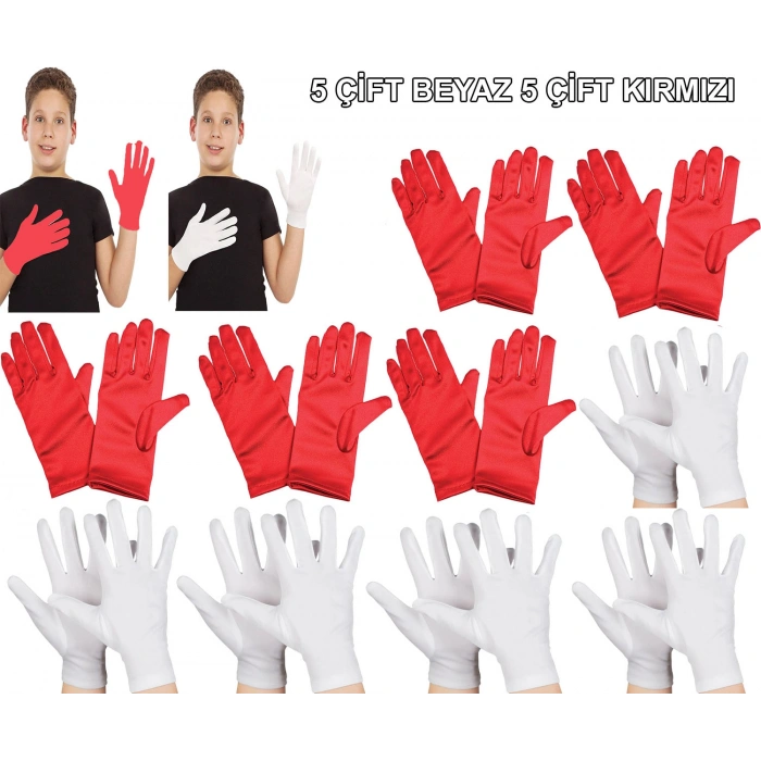 Çocuk Gösteri Eldiven Seti – 5 Çift Beyaz &amp;amp; 5 Çift Kırmızı (4940)