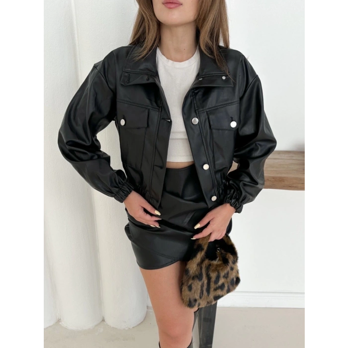 Crop bomber deri ceket siyah st2551985
