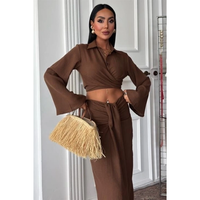 Crop Gömlekli Ve Eteği Büzgülü Tasarım Takım 10195