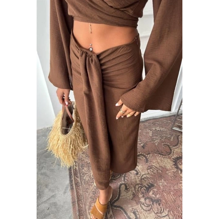 Crop Gömlekli Ve Eteği Büzgülü Tasarım Takım 10195