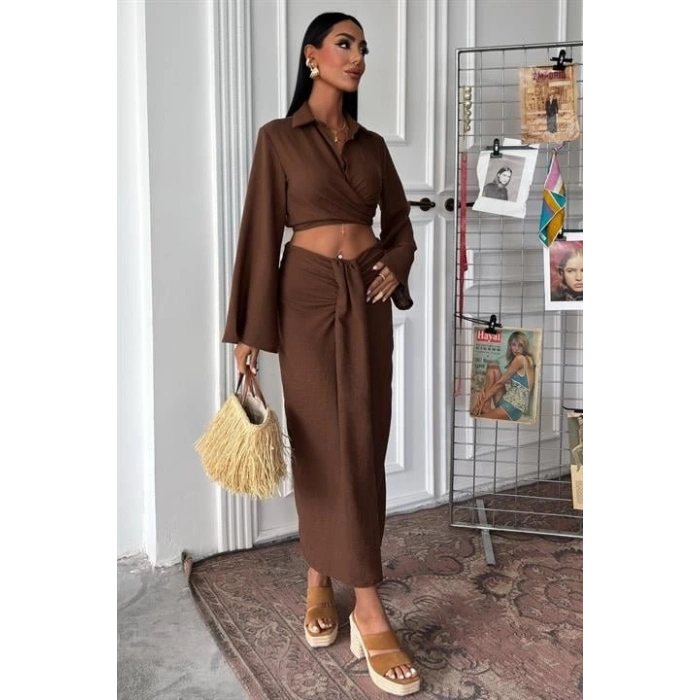 Crop Gömlekli Ve Eteği Büzgülü Tasarım Takım 10195