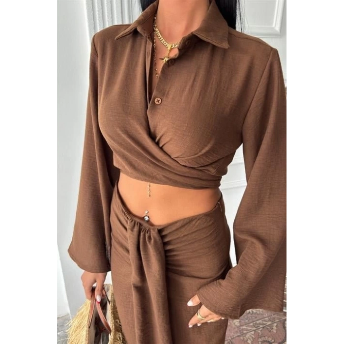 Crop Gömlekli Ve Eteği Büzgülü Tasarım Takım 10195