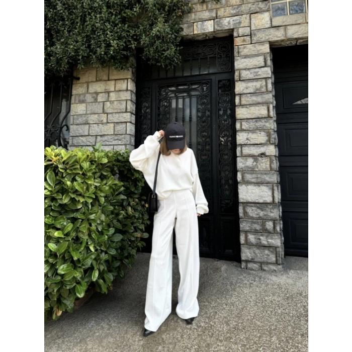 Crop, Pantolon Fitilli İkili Takım -Beyaz