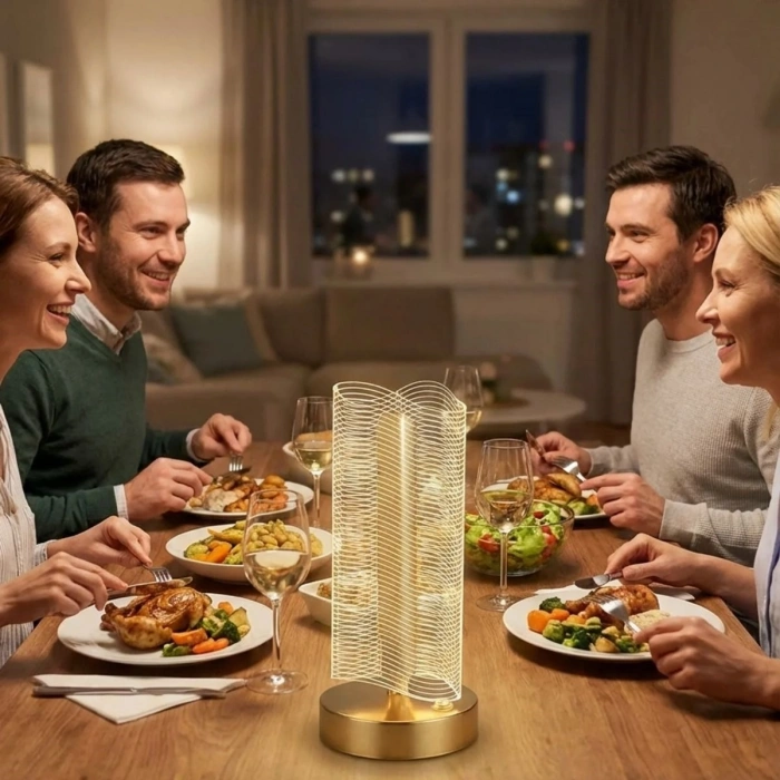 Dalgalı Silindirik Kristal Çizgili Model LED Masa Lambası – Gold Tabanlı, Dokunmatik, 3 Renk Işık Modlu, Şarjlı Modern Dekoratif Gece Lambası (4940)