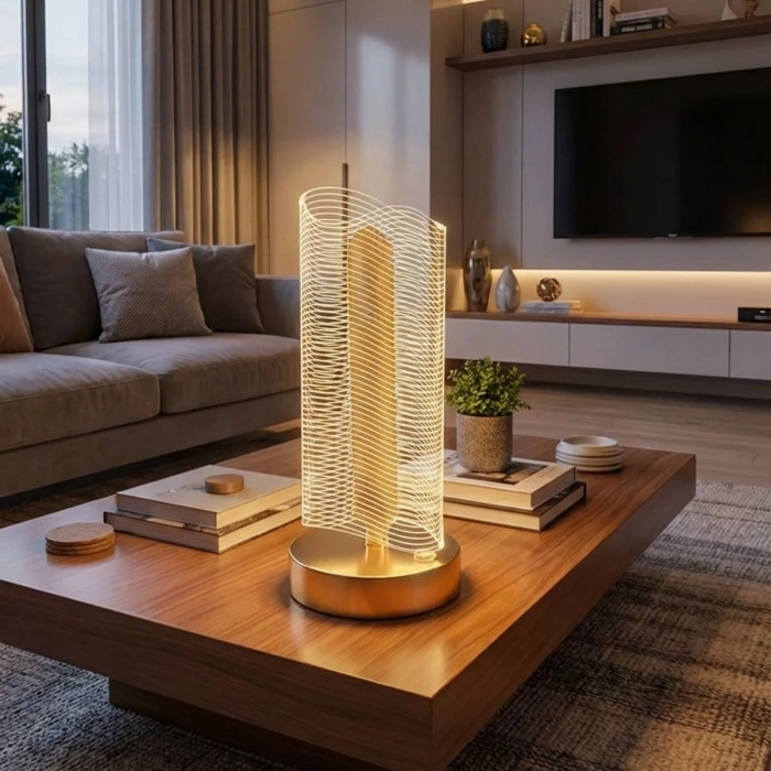 Dalgalı Silindirik Kristal Çizgili Model LED Masa Lambası – Gold Tabanlı, Dokunmatik, 3 Renk Işık Modlu, Şarjlı Modern Dekoratif Gece Lambası (4940)
