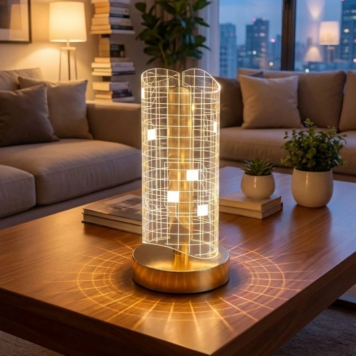 Dalgalı Silindirik Kristal Kareli Model LED Masa Lambası – Gold Tabanlı, Dokunmatik, 3 Renk Işık Modlu, Şarjlı Modern Dekoratif Gece Lambası (4940)