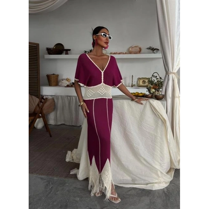 Dantel Desenli V Yaka Triko Elbise 2844