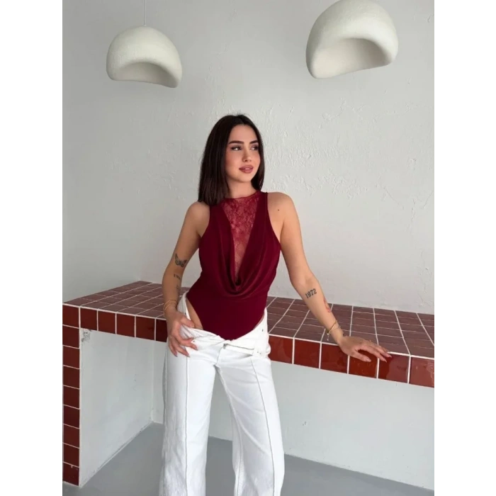Dantel Detaylı Derin Dekolte Body Şık Kolsuz Yazlık Bodysuit - Bordo