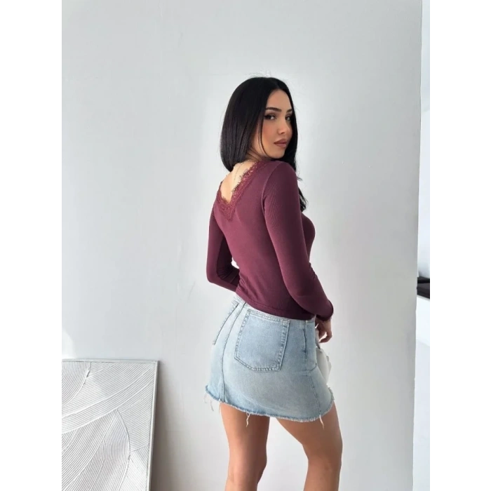 Dantel Detaylı V Yaka Arkası V Yaka Kaşmir Dokulu Uzun Kollu Bluz - Bordo