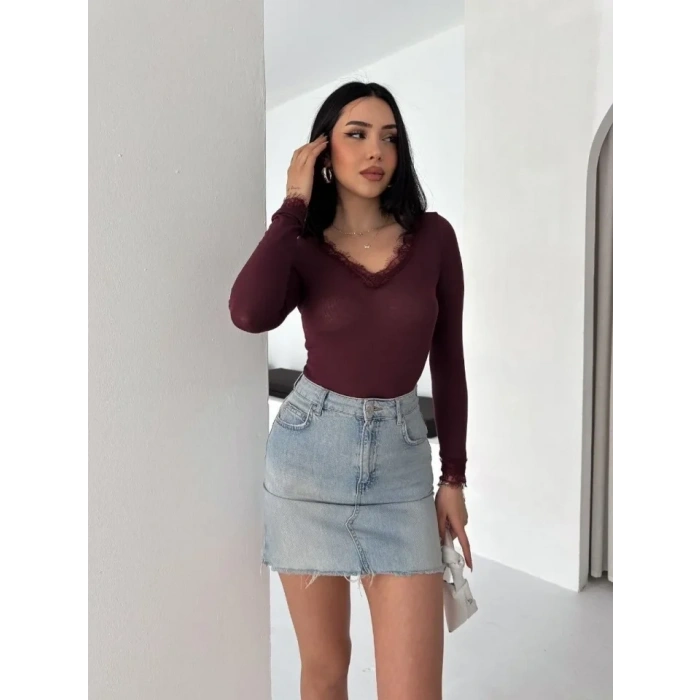 Dantel Detaylı V Yaka Arkası V Yaka Kaşmir Dokulu Uzun Kollu Bluz - Bordo