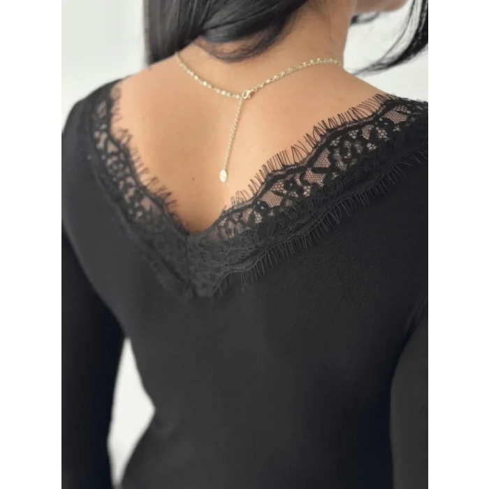 Dantel Detaylı V Yaka Arkası V Yaka Kaşmir Dokulu Uzun Kollu Bluz - Siyah