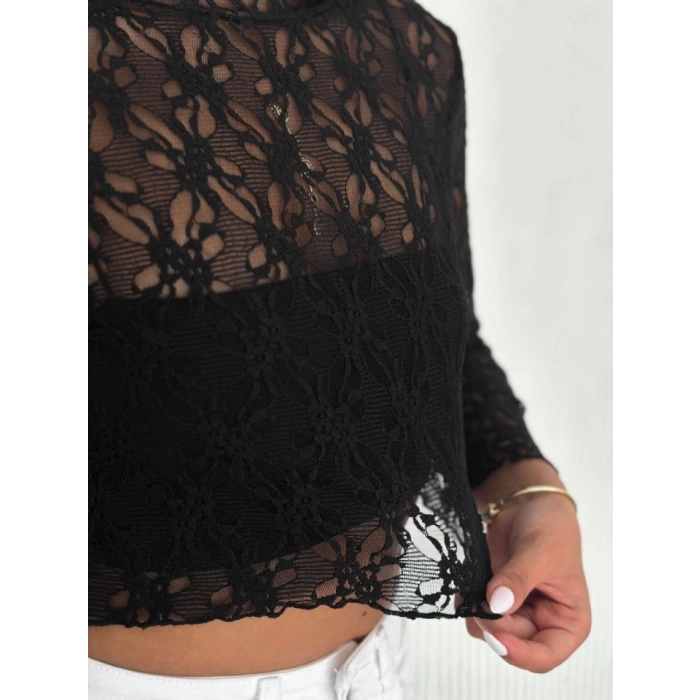Dantel Uzun Kol Bluz- Siyah