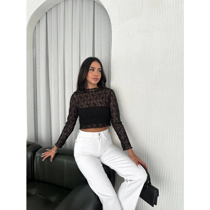 Dantel Uzun Kol Bluz- Siyah