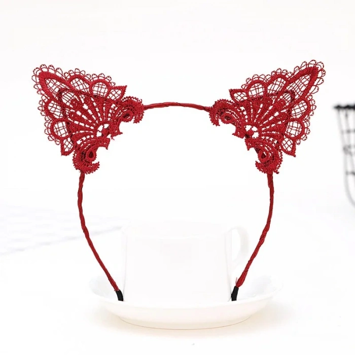 Dantelli Kırmızı Kedi Tacı - Vintage Tarz Dantel Kedi Kulak (4940)