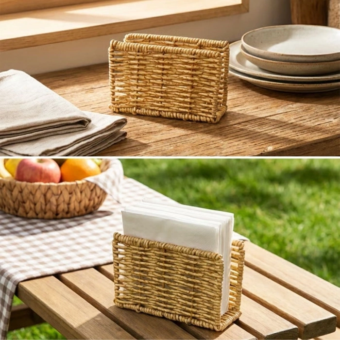 Dekoratif Plastik Rattan Dikdörtgen Peçetelik–Doğal Hasır Dokulu Masaüstü Peçete Standı (4940)