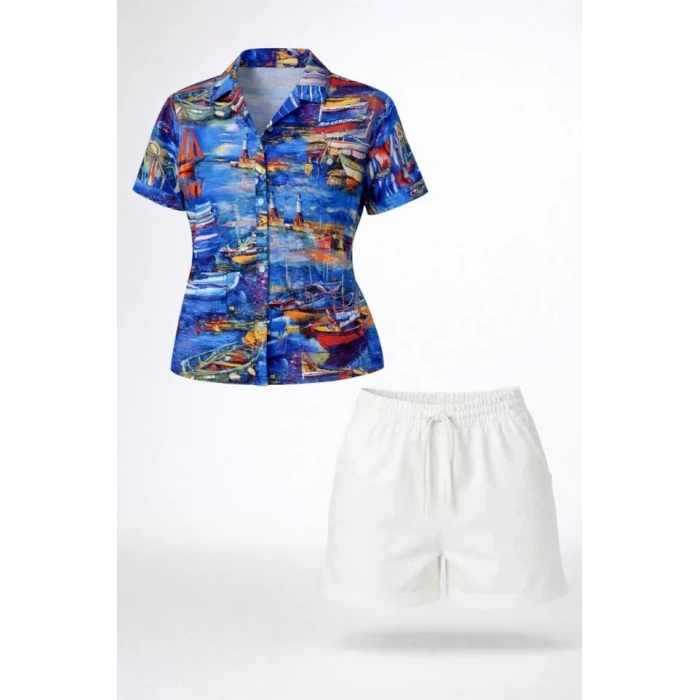 Deniz Temalı Desenli Kısa Kol Gömlek Şort Takım Yazlık Rahat Kalıp - Desenli