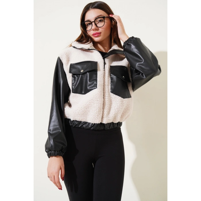 Deri garnili cepli peluş mont siyah t1253