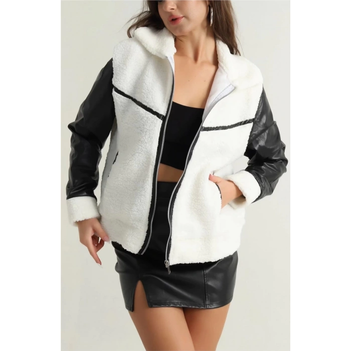 Deri garnili kuzu peluş mont beyaz t1220