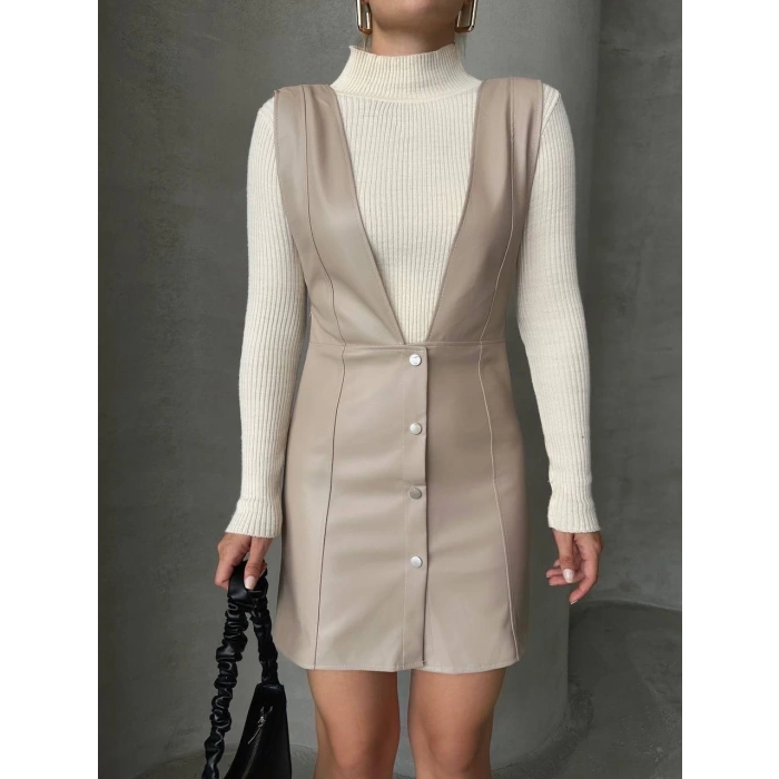 Deri jile elbise bej w24796