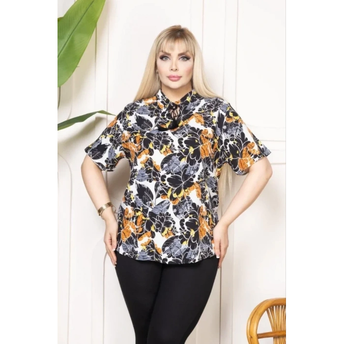 Desenli Püsküllü Viskon Bluz Bebe Yaka Kısa Kollu Big Size Rahat Kesim - Desenli