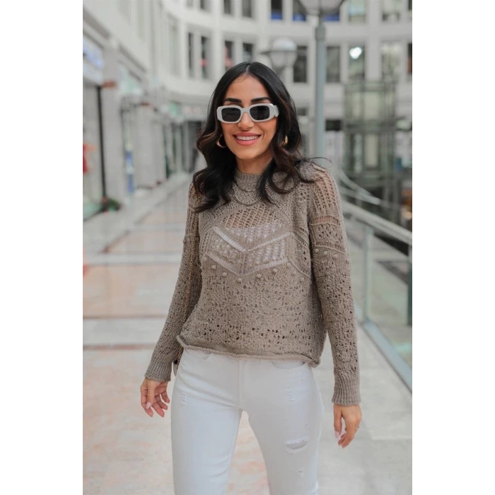 Desenli triko kazak gri